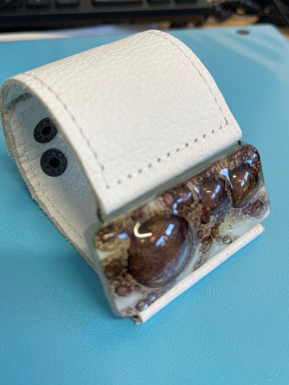 White Wide Leather Cuff Bracelet with Amber Accent